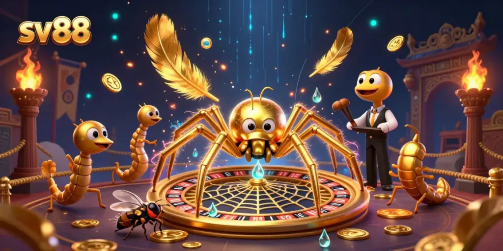 Experience thrilling bets with SV 88 at a dynamic roulette wheel scene featuring a spider and croupier.