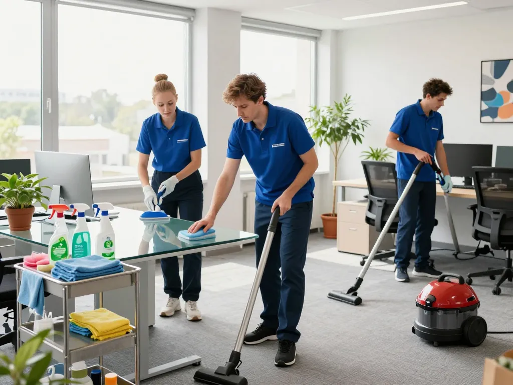 Reinigungsservice in Dülmen mit Fachleuten, die ein modernes Büro reinigen und einen frischen und einladenden Arbeitsplatz schaffen.