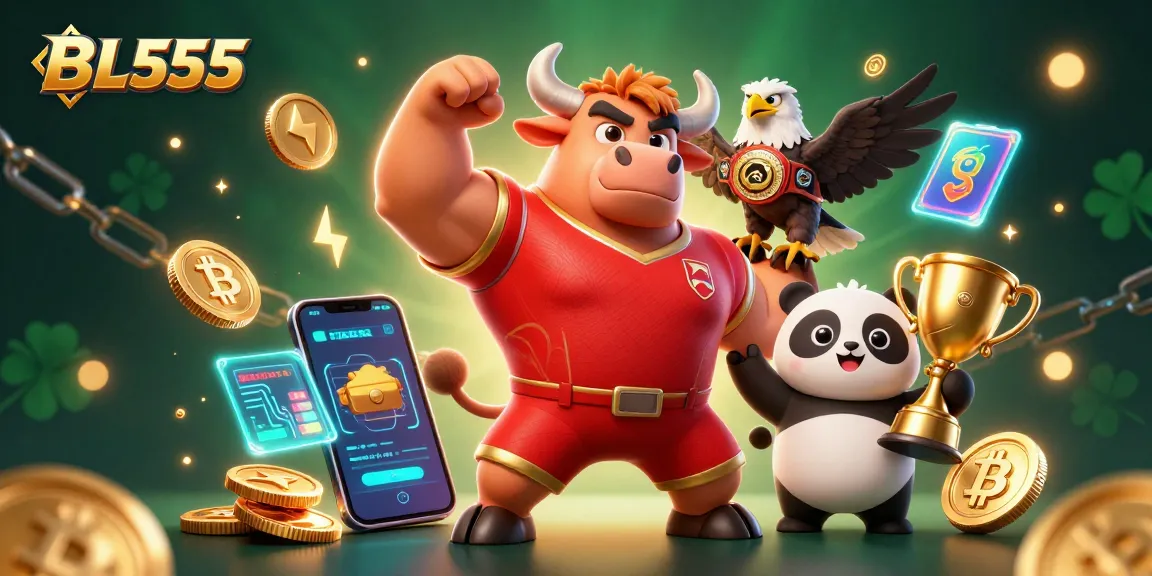 Play at BL555 and win big with exciting 3D casino elements, showcasing vibrant characters and crypto coins.