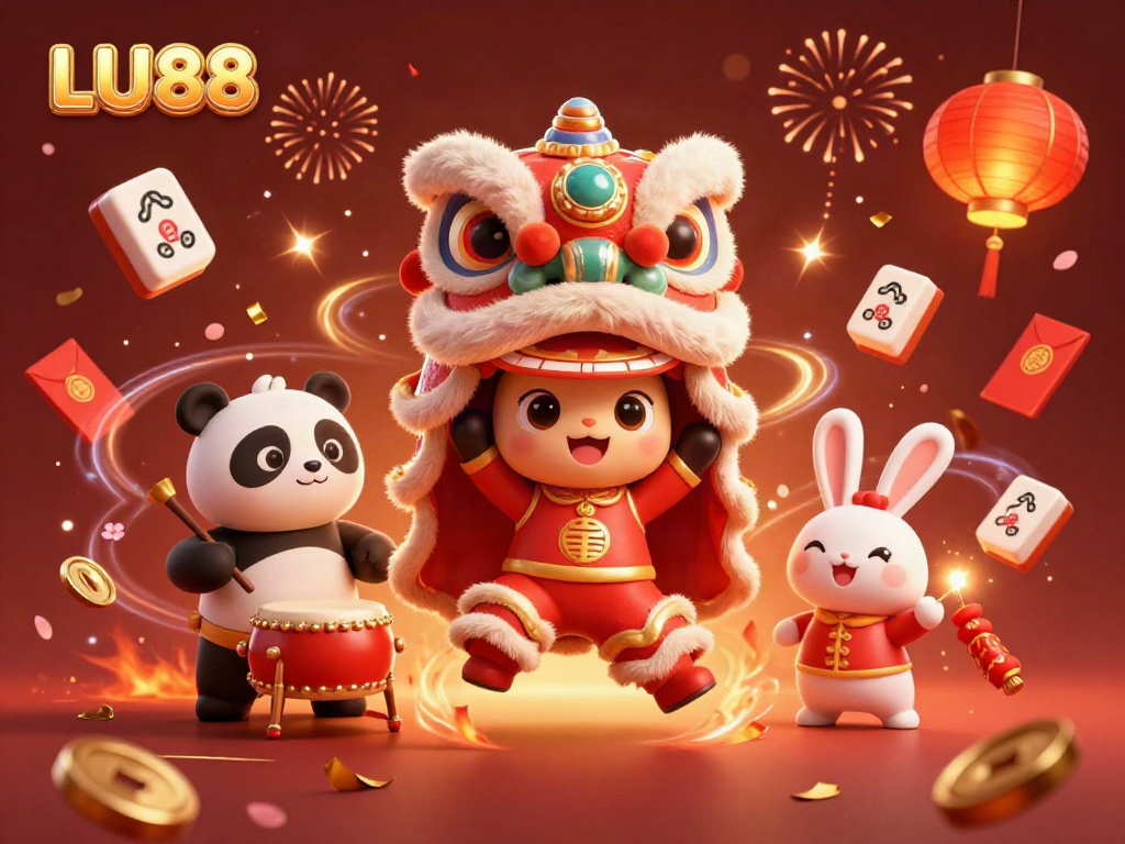 LU88 celebration with a lively lion dance, drumming panda, and festive decorations enhancing the gaming experience.