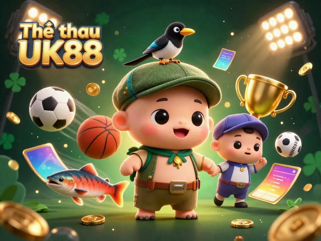 Experience the excitement of Thể thao UK88 with this vibrant 3D illustration showcasing sports dynamics and playful characters.