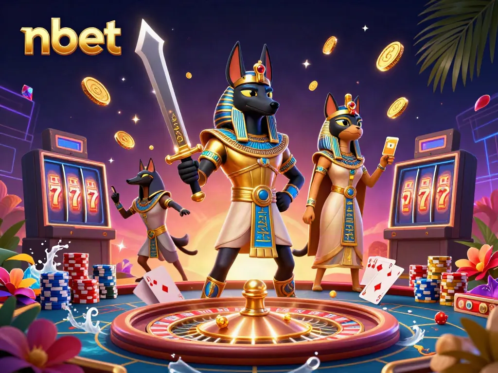 Experience the thrill of nbet with Anubis and Bastet in a captivating casino scene.