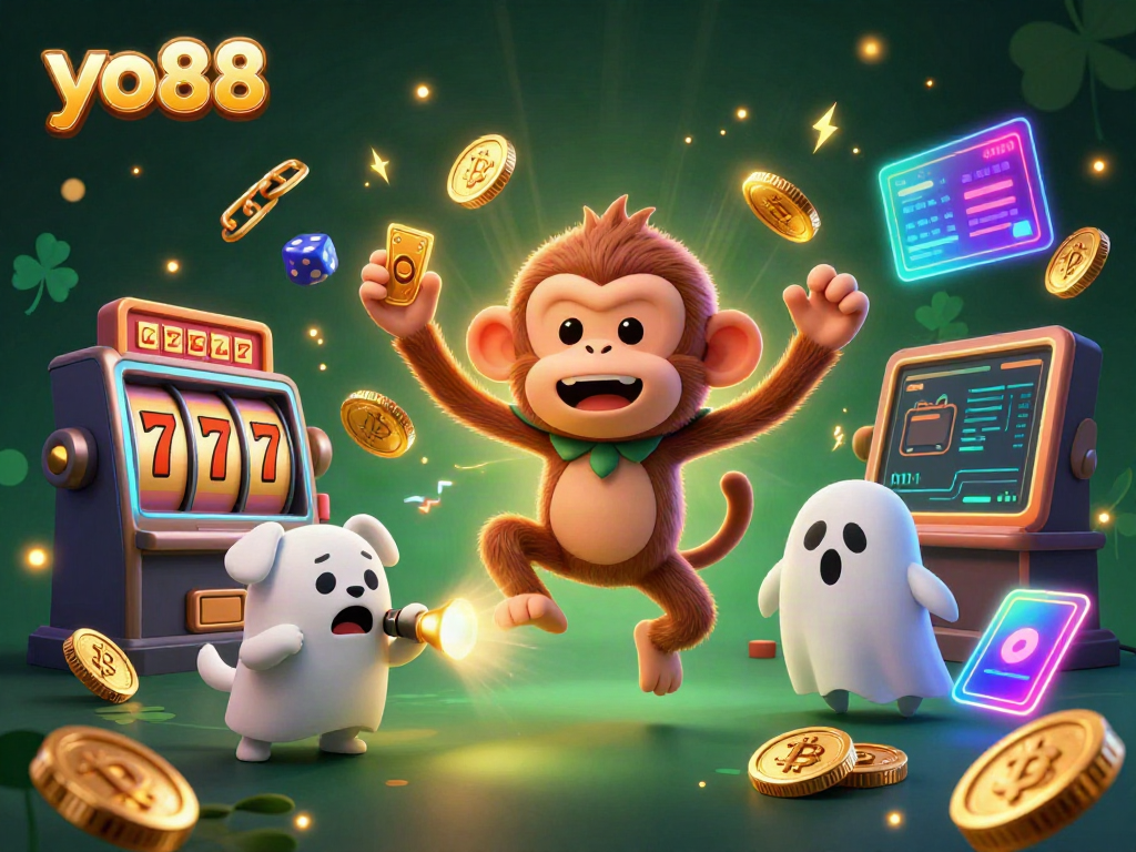 Experience the thrilling excitement of yo88 with a playful ghost-hunting puppy chasing a mischievous monkey in a vibrant casino scene.