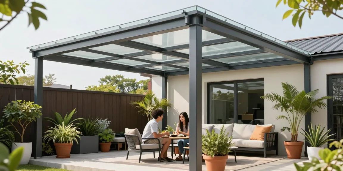 Moderne Terrassenüberdachung aus Aluminium, Paare trinken Tee unter dem Dach, einladende Atmosphäre mit Pflanzen.