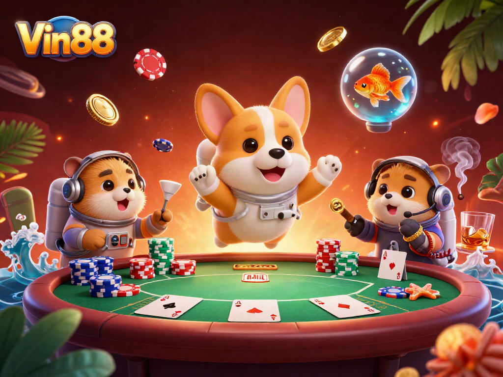 Engage with Vin88's vibrant space casino through a corgi astronaut and more in a 3D illustration.