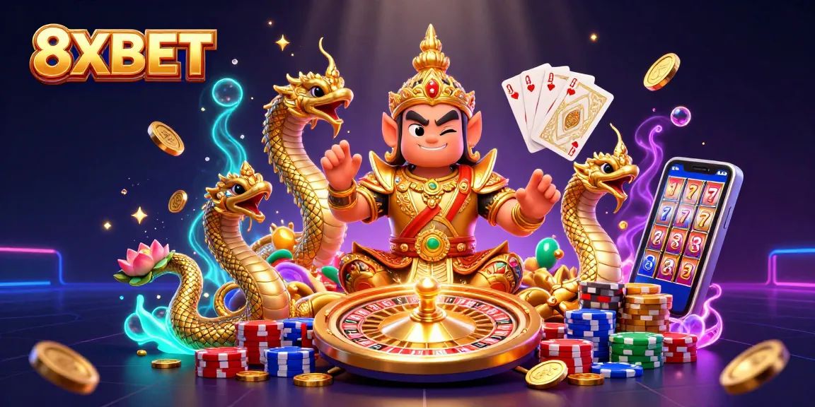 Experience vibrant gameplay at 8XBET with a dynamic illustration of a casino scene featuring a golden Thai temple guardian.