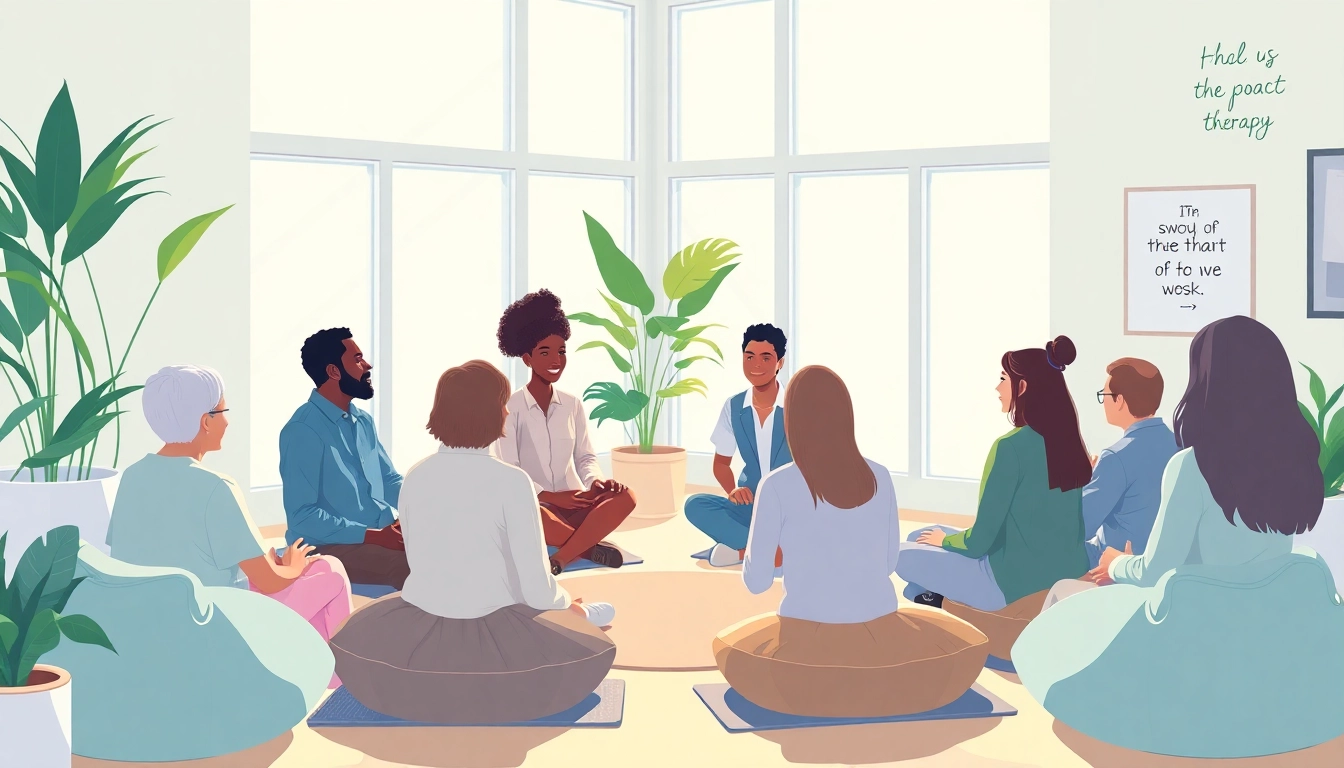 Promoting mental health awareness through a diverse group therapy session indoors.