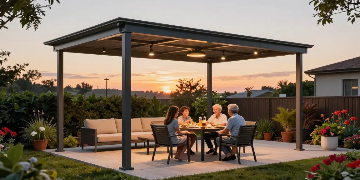 Schöner Außenbereich mit Terrassenüberdachungen, in dem eine Familie ein Abendessen genießt.