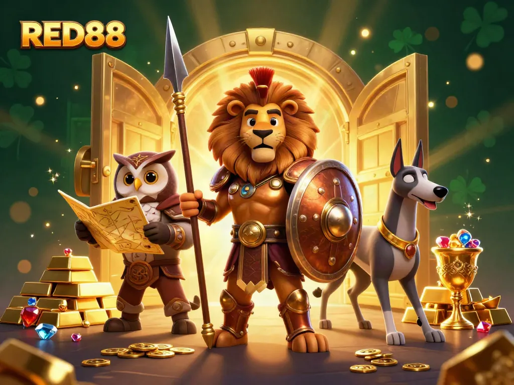 Engage in thrilling gameplay at RED88 with a captivating illustration of a Spartan lion and treasure.
