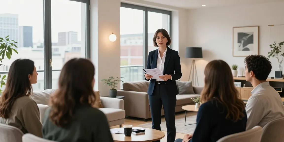 Bester Immobilienmakler Frankfurt zeigt eine stilvolle Wohnung in Frankfurt, potenzielle Käufer interessiert und engagiert.