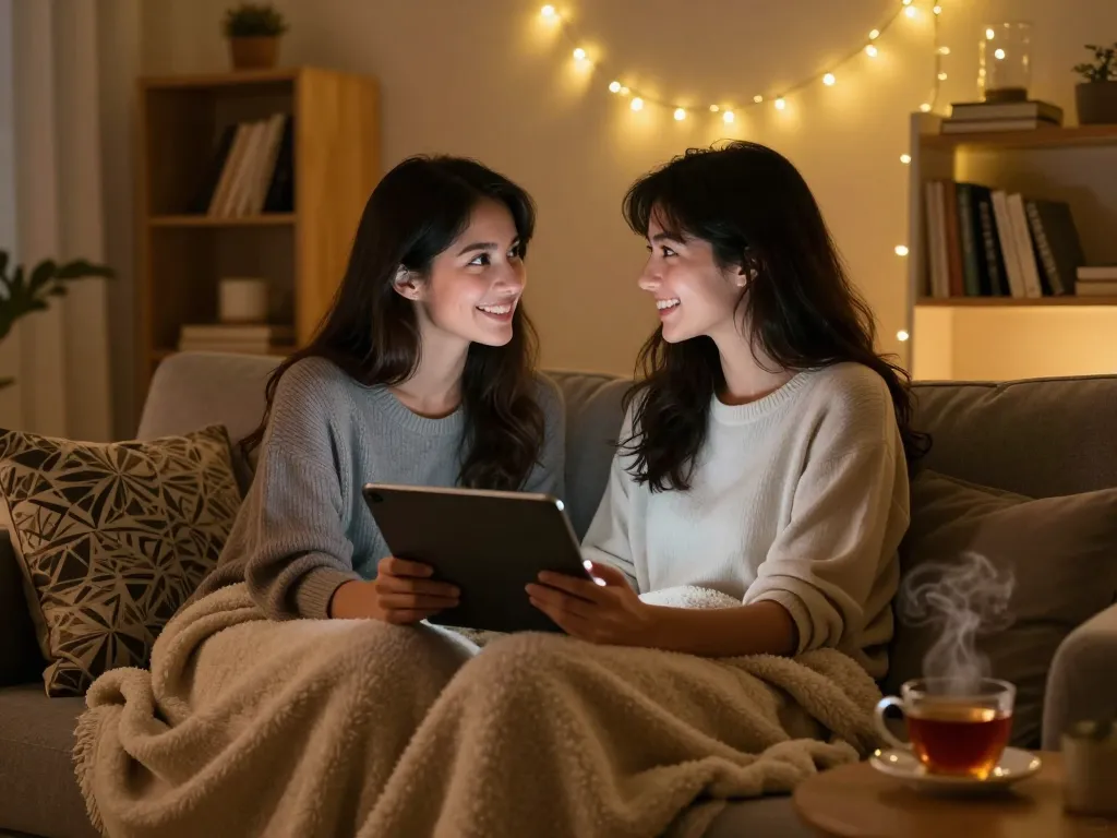 A cozy scene featuring a young woman interacting with her girlfriend AI on a tablet, highlighting emotional connection and advanced technology.
