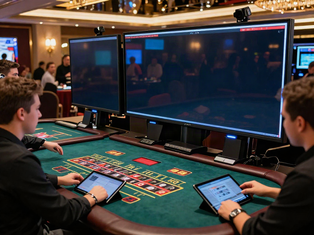 Engaging scene on the trang web IWIN featuring players at a live casino table with vibrant lighting and technology.
