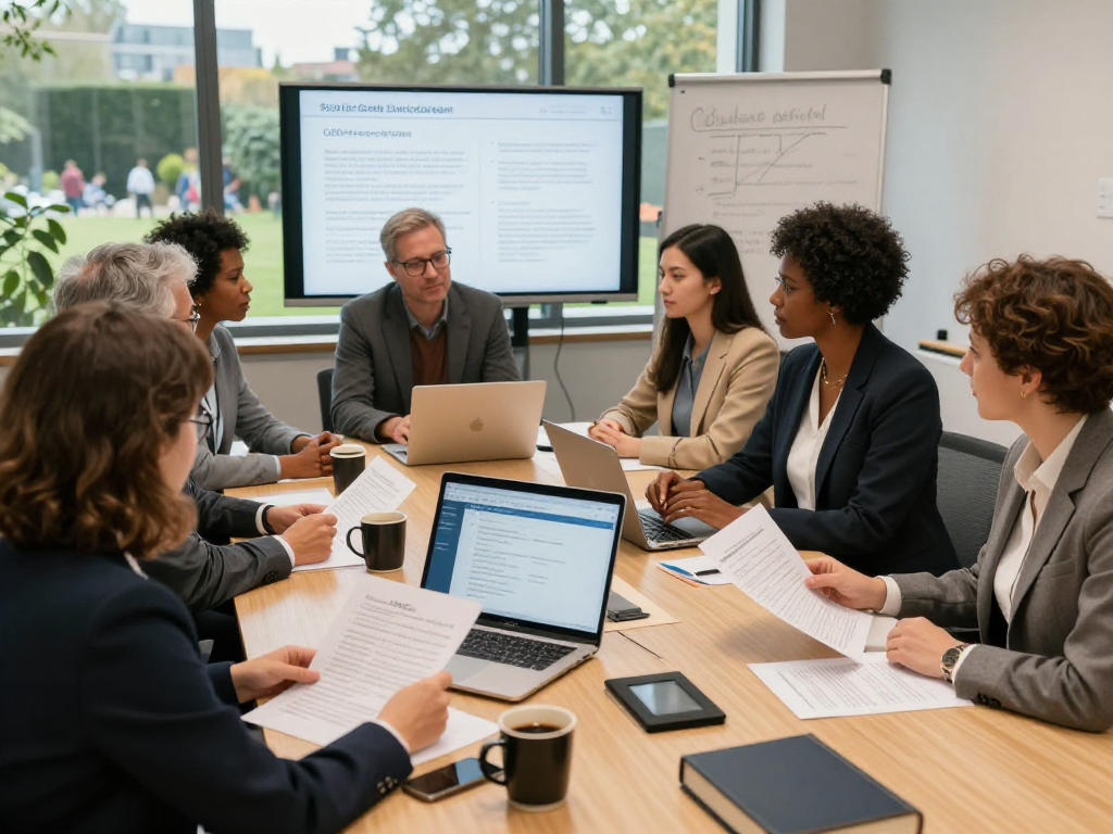 Collaborative meeting in social services center focusing on GDPR compliance for Soziale Einrichtungen.