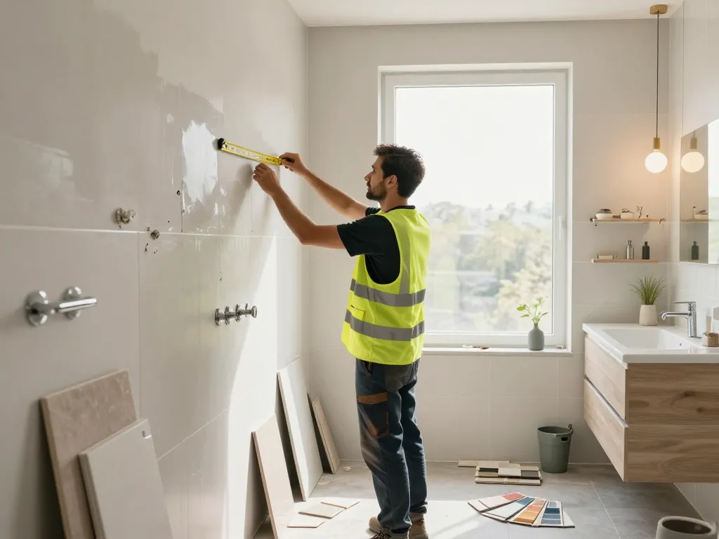 Professioneller Auftragnehmer führt Badsanierung in der Nähe eines modernen Badezimmers mit stilvollen Armaturen und natürlichem Licht durch.