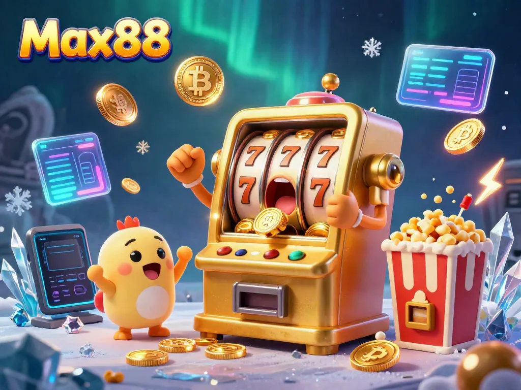 Max88 slot machine celebrates a jackpot win in a vibrant casino-themed illustration.