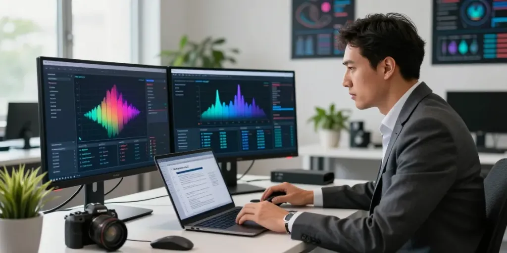 IT-Sicherheit für KMU - Cybersecurity-Berater analysiert Bedrohungen in modernem Büro mit dualem Bildschirm.