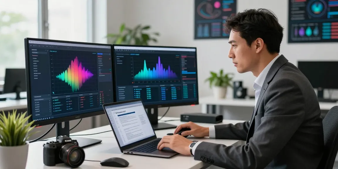 IT-Sicherheit für KMU - Cybersecurity-Berater analysiert Bedrohungen in modernem Büro mit dualem Bildschirm.