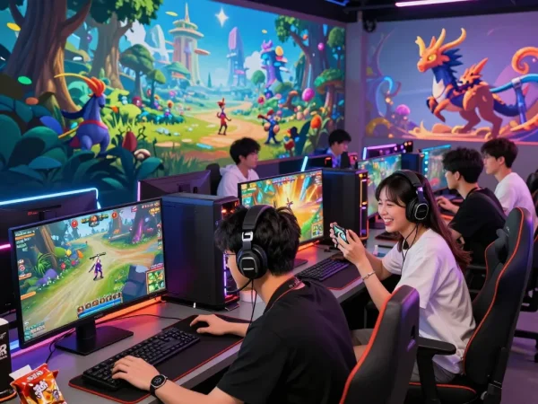 Exciting scene of players enjoying hentai games in a vibrant virtual gaming world, showcasing diverse characters and fantasy landscapes.