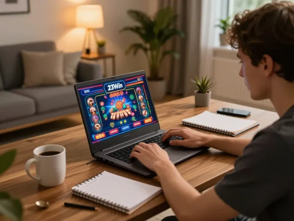 Player engaging online at 23Win, showcasing a vibrant gaming setup with focus on strategy and fun