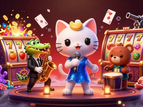 Engage with ข่าวลอตเตอรี่ through a vibrant casino scene featuring singing cats and slot machines.