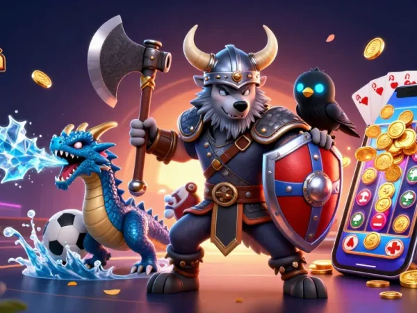 Experience exciting kèo bóng đá with a Viking warrior, fierce dragon, and vibrant sports betting elements