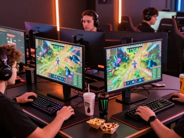 Engaged players on https://b52club.radio.fm/ in a vibrant gaming tournament with monitors showing colorful graphics.