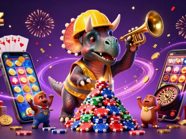 feierliche Szene mit dem realz casino auszahlungsdauer, in der ein Triceratops und seine Freunde Casinospiele genießen