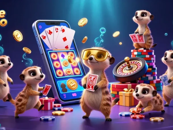 Join the online casino fun as meerkats manage a vibrant gaming scene filled with action.