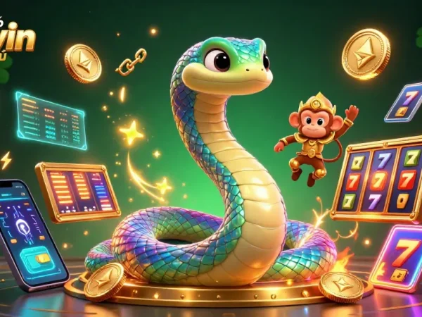 Engage with Link vào Sunwin chính thức through a vibrant 3D illustration featuring a rainbow serpent, golden monkey king, and digital gambling elements.