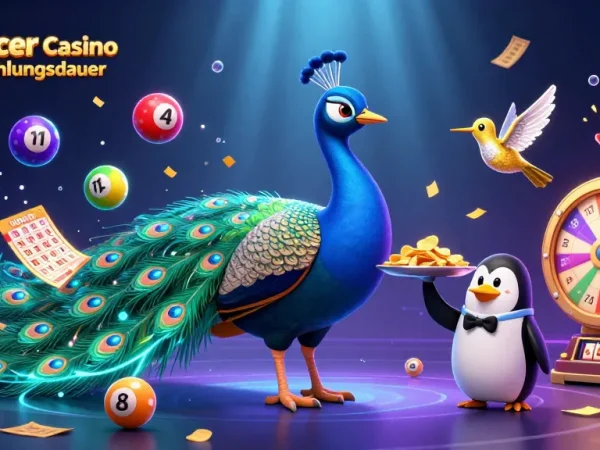 Erleben Sie die zoccer casino auszahlungsdauer mit einer bunten Darstellung eines 3D-Pfaus und Spielautomaten-Elementen.